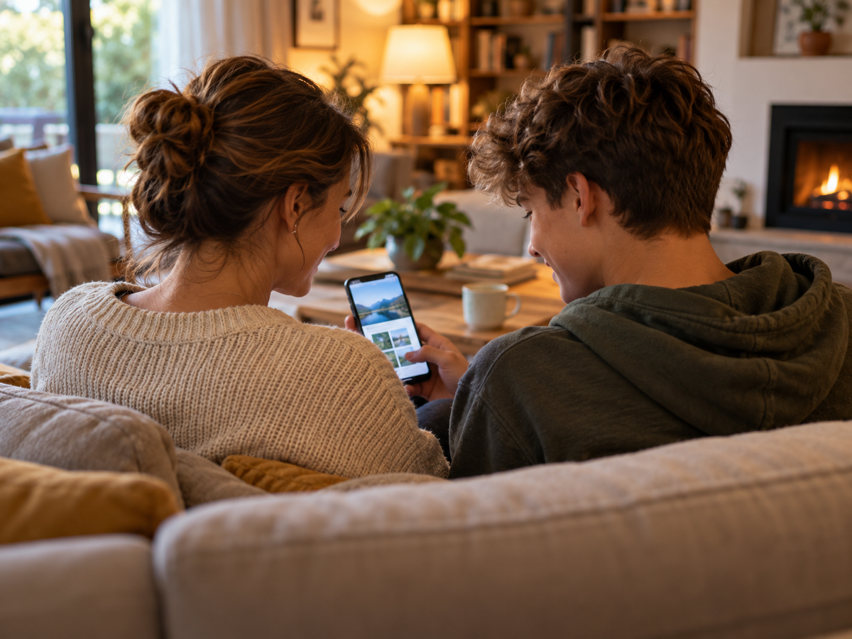 Parent et ado regardant un téléphone ensemble