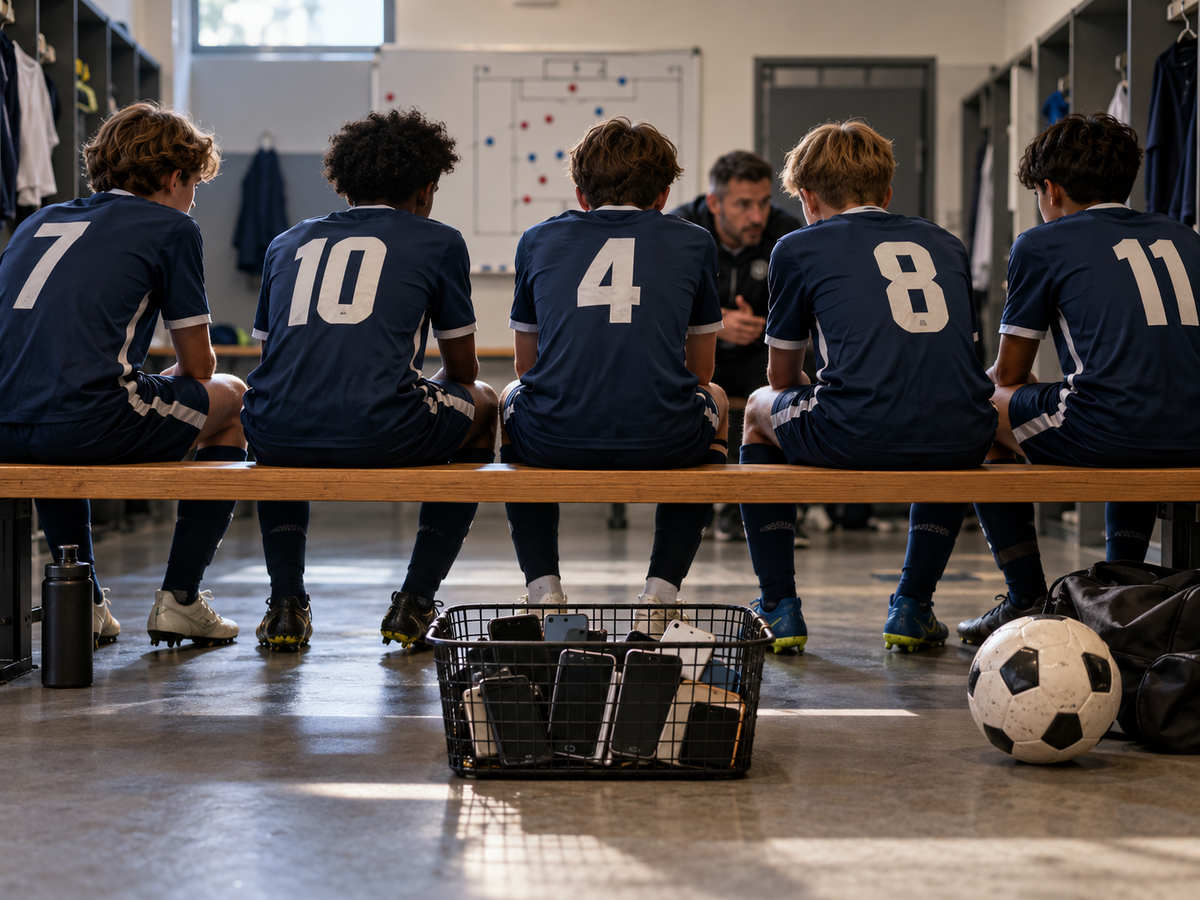 Jeunes footballeurs dans un vestiaire, téléphones rangés dans un panier