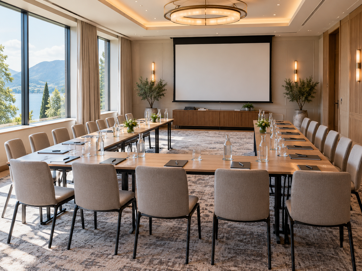 Salle de séminaire d'hôtel préparée pour le stage