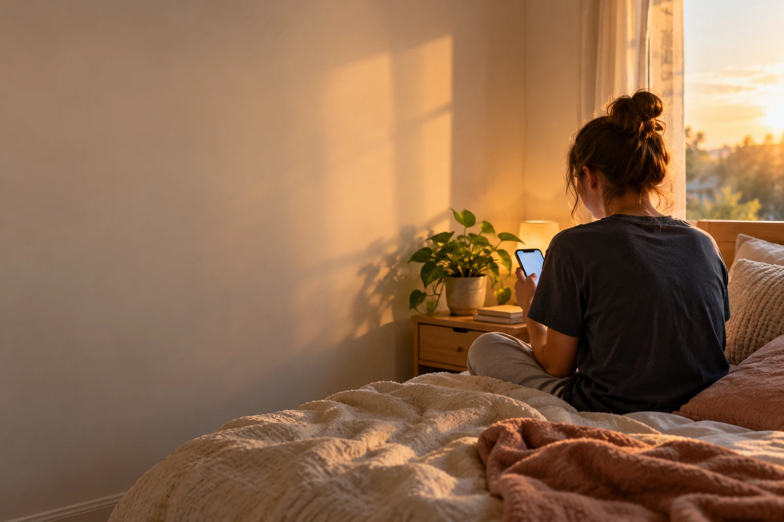 Ado sur son lit avec son téléphone au coucher du soleil